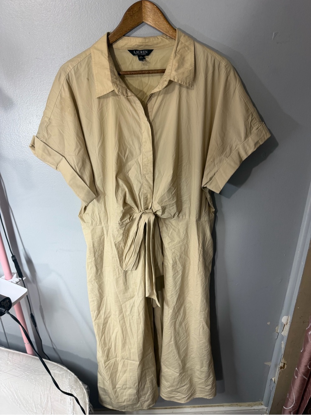 Lauren Ralph Lauren Sand Beige Button-Front Tie-Waist Jumpsuit
